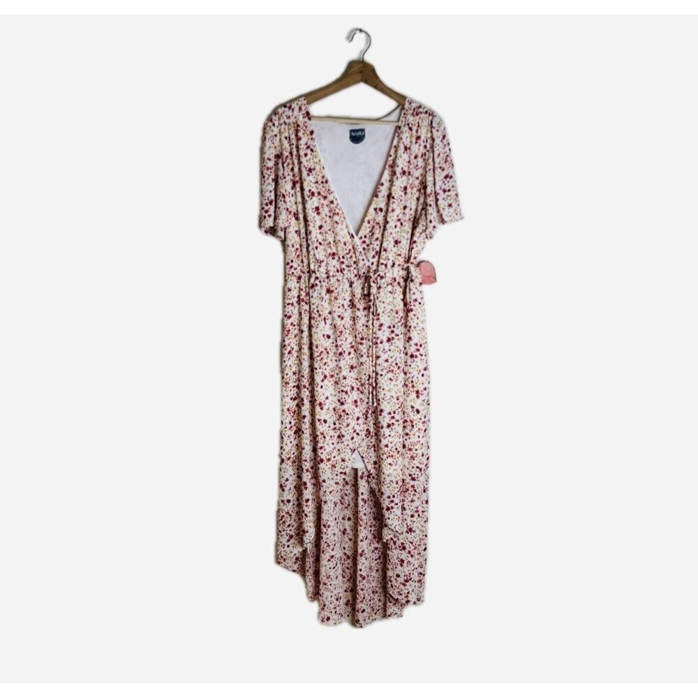 Arula Dress Womens 2X White Floral Wrap Maxi Hi Low Flutter Sleeve Boho Summer